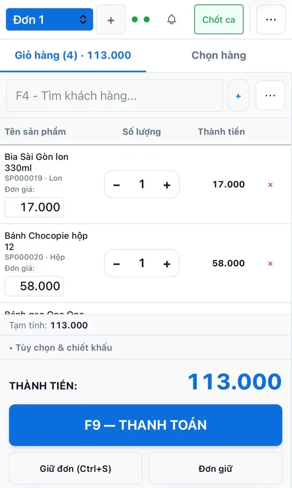 Màn hình bán hàng TapHoaViet trên điện thoại với giỏ hàng, số lượng, thành tiền và nút F9 thanh toán