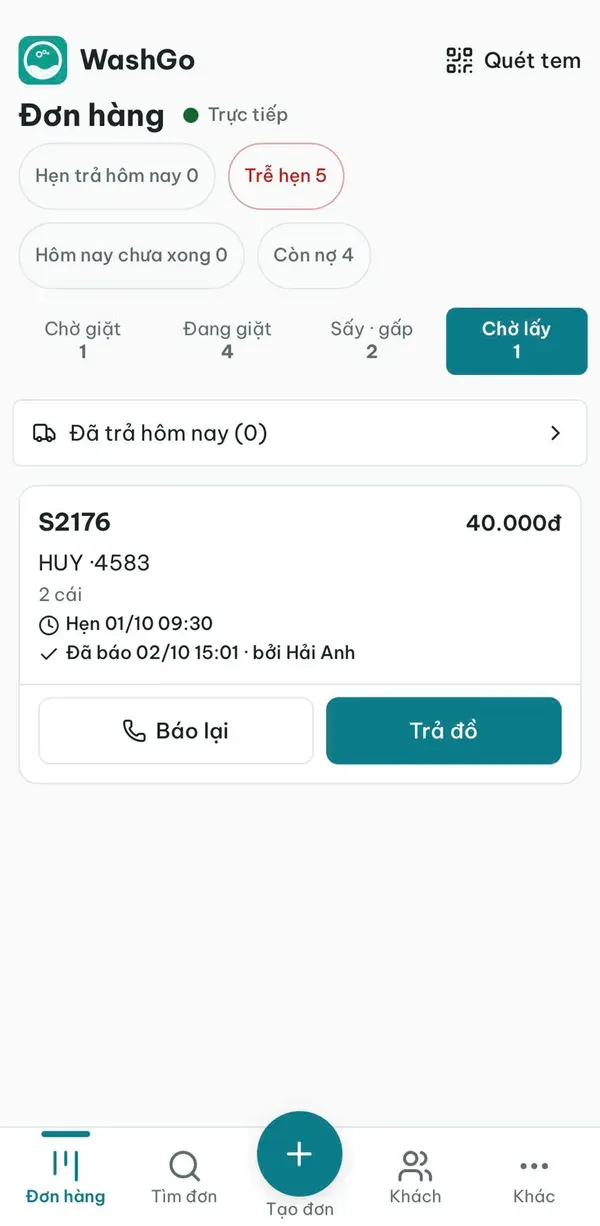Màn hình đơn hàng WashGo chia theo trạng thái chờ giặt, đang giặt, sấy gấp, chờ lấy, có lọc đơn trễ hẹn