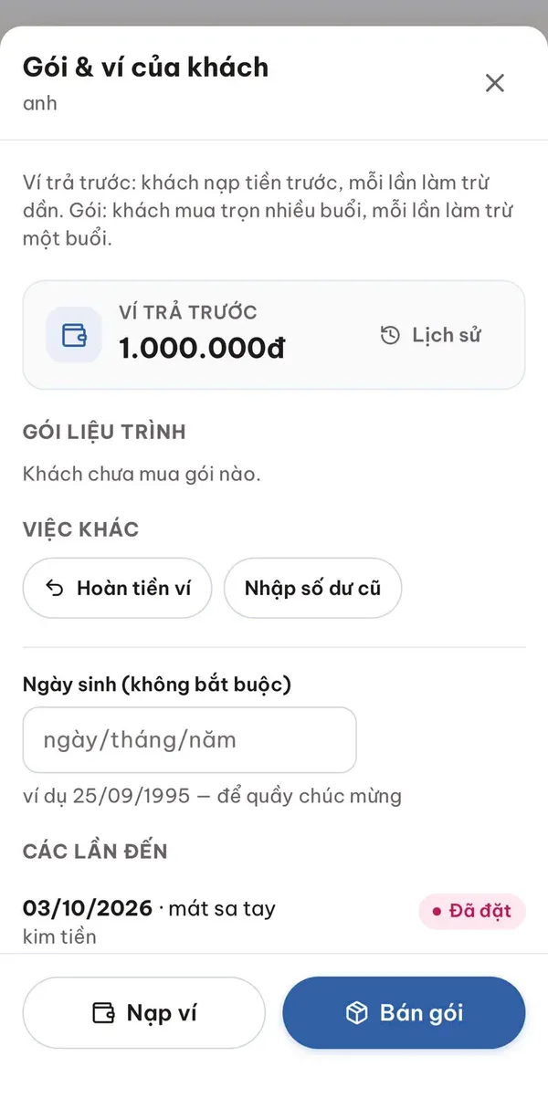 Gói và ví của khách trong SAPA hiển thị ví trả trước, gói liệu trình, nút nạp ví và bán gói
