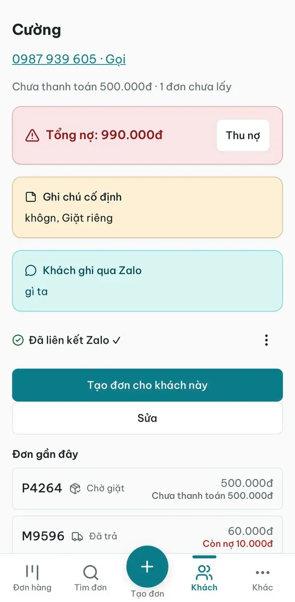 Hồ sơ khách hàng trong WashGo với tổng nợ, ghi chú cố định, ghi chú khách gửi qua Zalo và các đơn gần đây