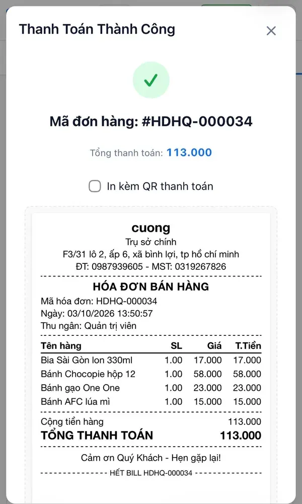 Thanh toán thành công và bản xem trước hoá đơn bán hàng khổ nhỏ với danh sách hàng và tổng tiền