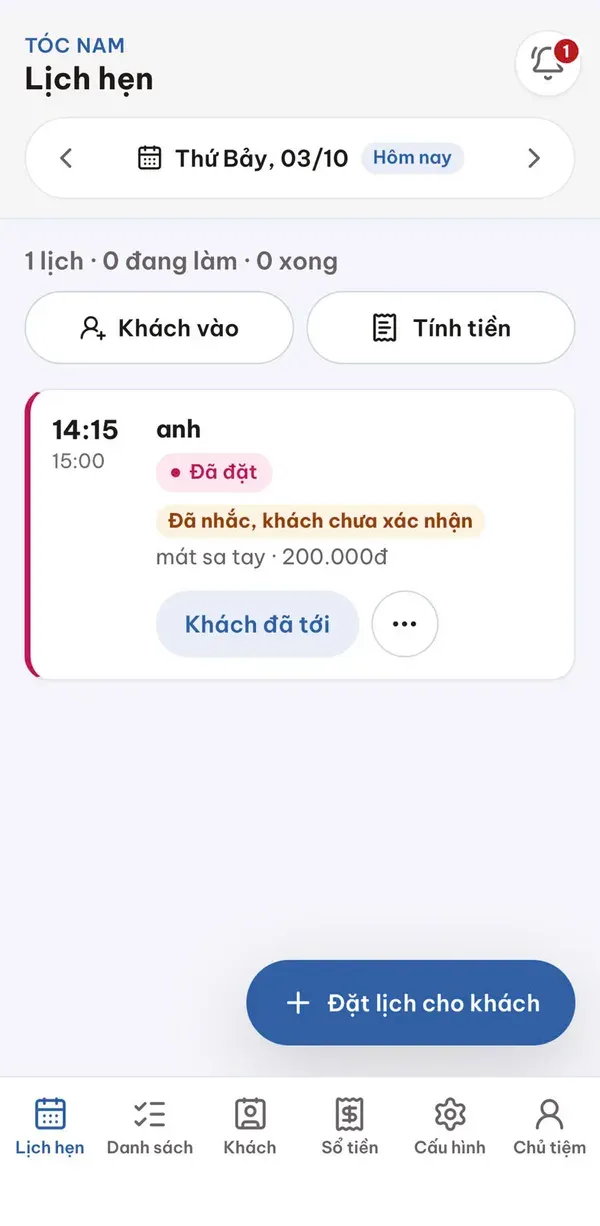 Sổ lịch hẹn trong ngày của tiệm trên SAPA với trạng thái đã đặt, đã nhắc và nút khách đã tới