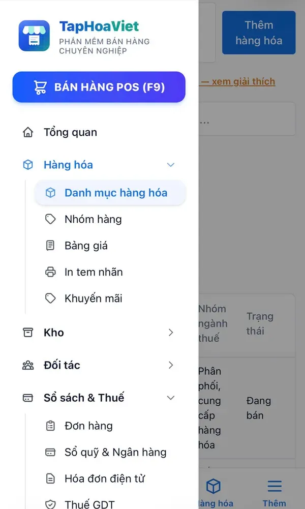 Menu chức năng TapHoaViet gồm bán hàng POS, hàng hoá, kho, đối tác, sổ sách và thuế, hoá đơn điện tử