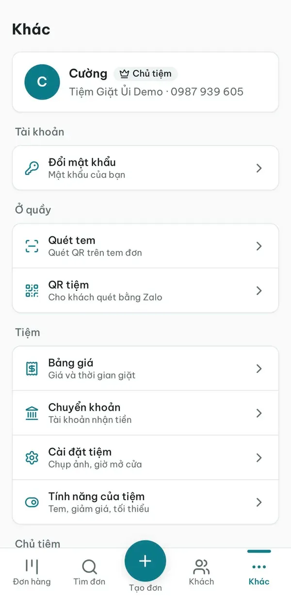 Màn hình cài đặt WashGo gồm quét tem, QR tiệm cho khách quét bằng Zalo, bảng giá, tài khoản chuyển khoản