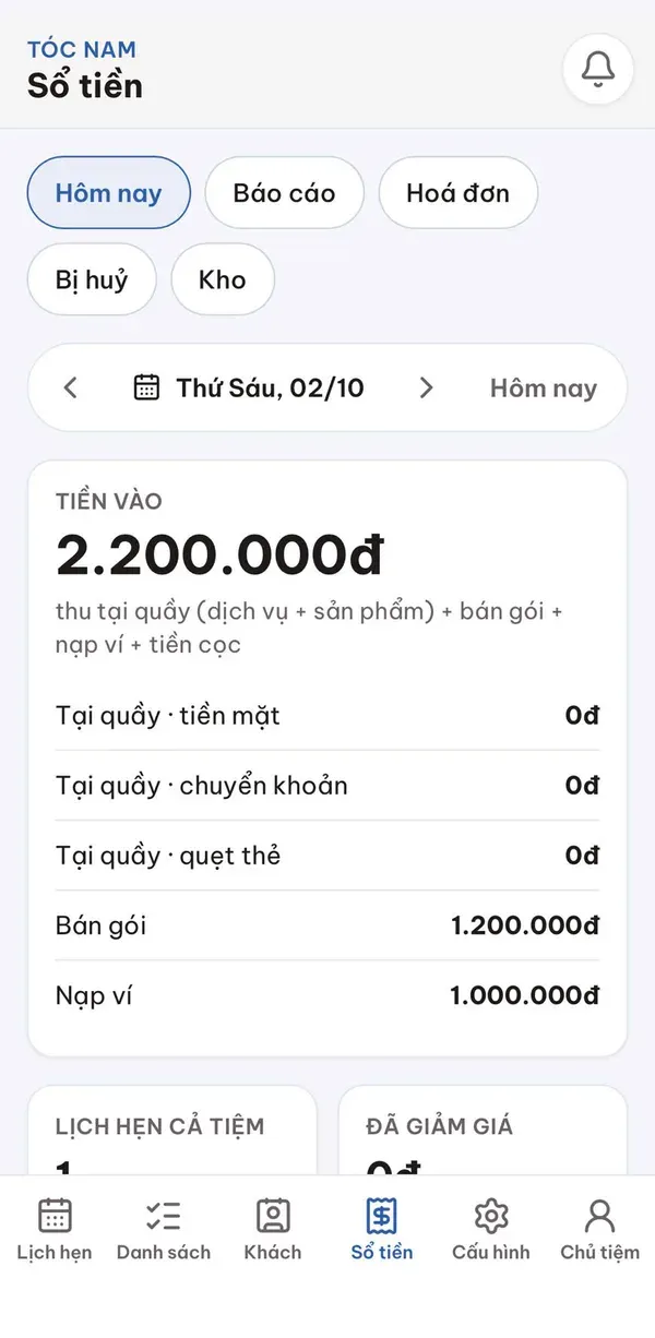 Sổ tiền trong ngày của SAPA với tiền vào theo tiền mặt, chuyển khoản, quẹt thẻ, bán gói và nạp ví