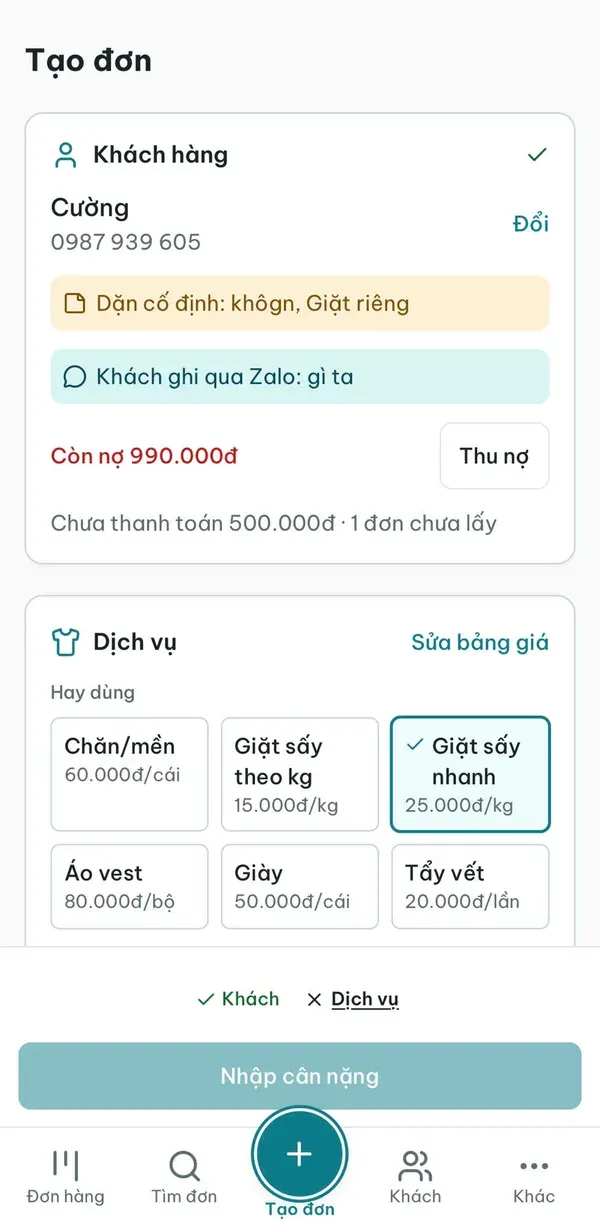 Màn hình tạo đơn giặt với các dịch vụ chăn mền, giặt sấy theo kg, áo vest, giày và ô nhập cân nặng
