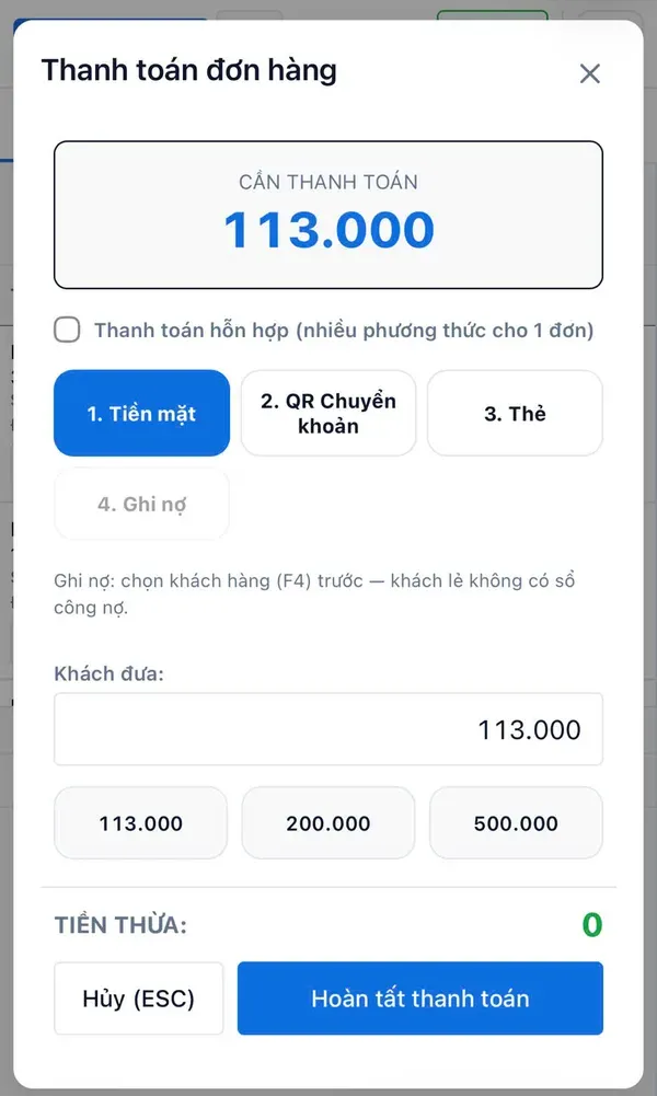 Thanh toán đơn hàng bằng tiền mặt, QR chuyển khoản, thẻ hoặc ghi nợ, có gợi ý tiền khách đưa và tiền thừa