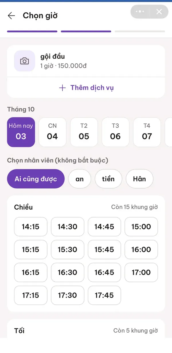 Khách chọn ngày, chọn nhân viên và khung giờ còn trống để đặt lịch trên Zalo Mini App SAPA