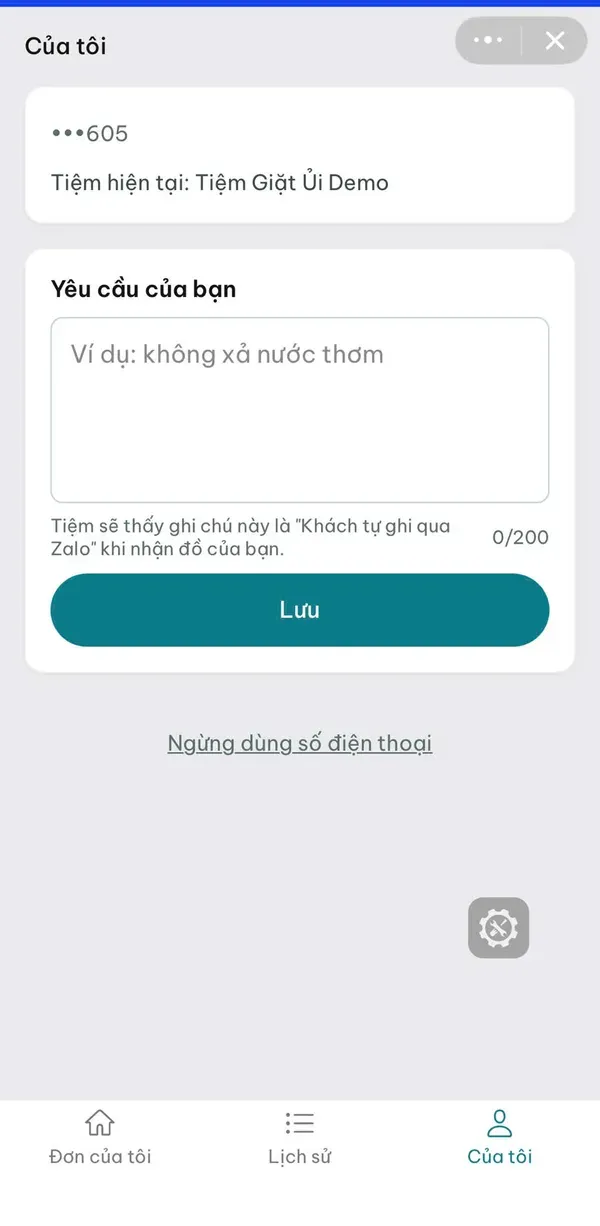 Zalo Mini App cho khách tự ghi yêu cầu giặt như không xả nước thơm, tiệm thấy khi nhận đồ