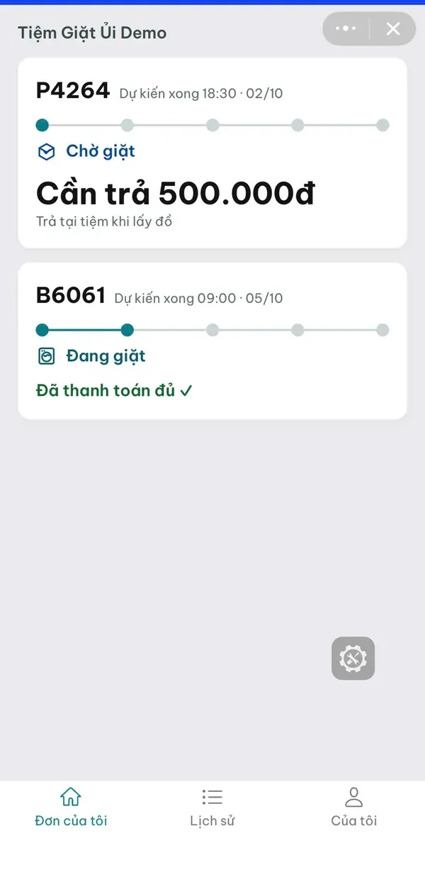 Zalo Mini App WashGo hiển thị tiến trình đơn giặt, thời gian dự kiến xong và số tiền cần trả