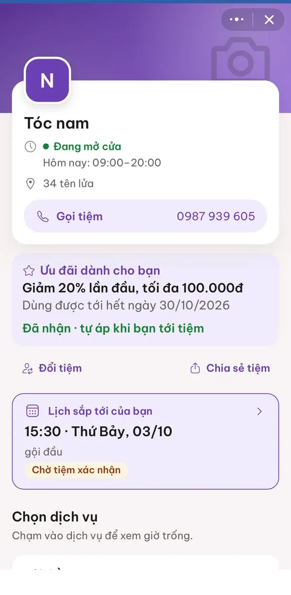 Trang tiệm trên Zalo Mini App với giờ mở cửa, địa chỉ, nút gọi tiệm và ưu đãi giảm giá lần đầu
