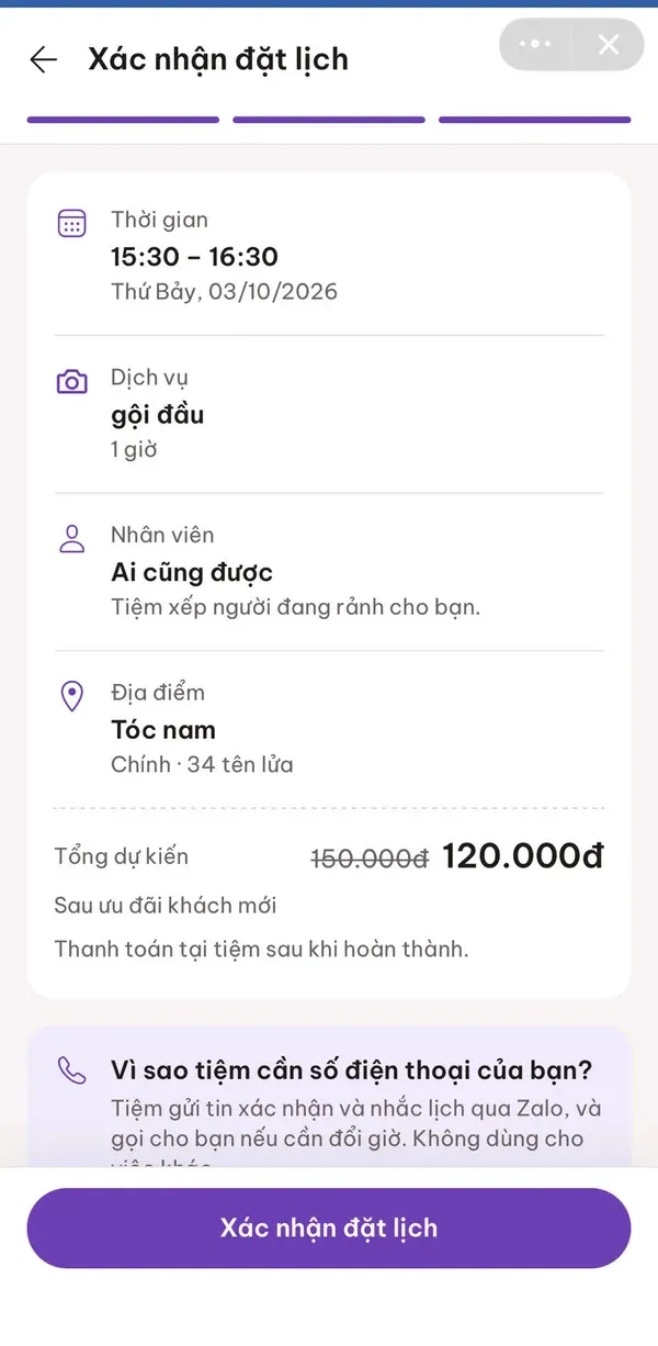 Màn hình xác nhận đặt lịch trên Zalo với thời gian, dịch vụ, nhân viên, địa điểm và giá sau ưu đãi khách mới